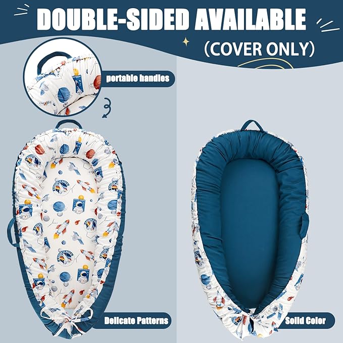 Jundetye Baby Lounger Cover for Boys Girls, Reversible Baby Nest Cover, Adjustable Baby Lounger Replaceable Cover for Infant Newborn, Portable and Machine Washable, Cotton Blue Rocket Cover Only