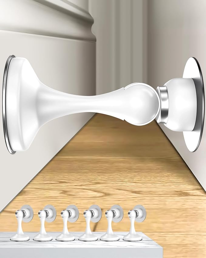 Crosize Magnetic Door Stoppers 6 Pack, Stainless Steel Door Stops for Wall and Floor Mounting, Door Holder Keep Door Open, No Drilling Door Stop with 3D Adhesive Tapes, White