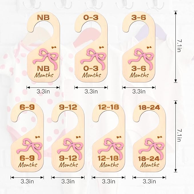 Bnesi Wooden Closet Dividers Wooden Bow Dividers for Closet Set of 7 Newborn Clothes Size Hanger Dividers from Newborn to 24 Months Pink Nursery Decor (Relaxing)
