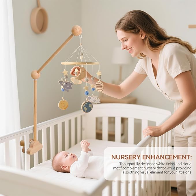 OESSUF Baby Crib Mobile Arm, 24 Inch Adjustable Wood Hanger, White Cloud Design, Nursery Mobile Holder for Cot Bed (Wooden)