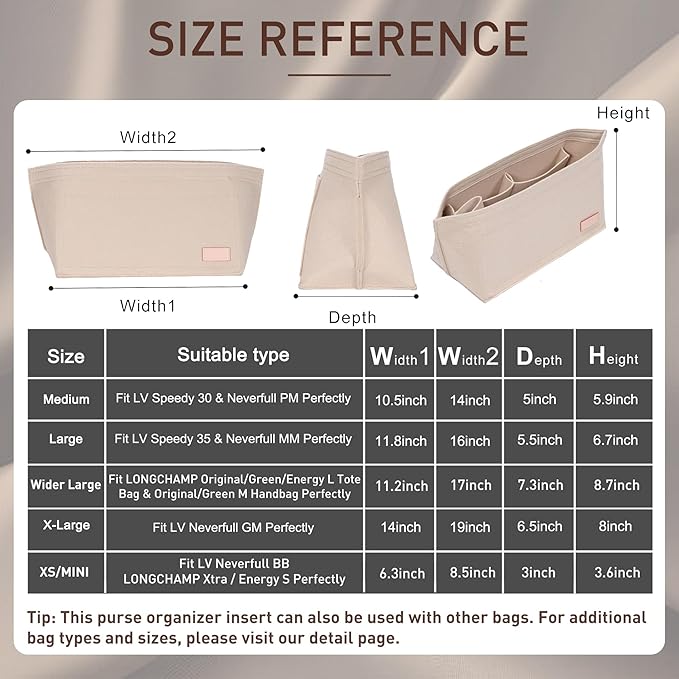 Doxo Purse Organizer Insert Handbag Tote Felt Bag Fit L Neverfull GM & Base Shaper 2pc Set(X-Large,Beige-Combination)