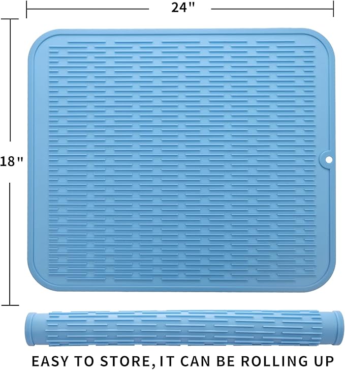 MicoYang Silicone Dish Drying Mat for Multiple Usage,Easy clean,Eco-friendly,Heat-resistant Silicone Mat for Kitchen Counter or Sink,Refrigerator or Drawer Liner Light Blue 2XL 24 inches x 18 inches