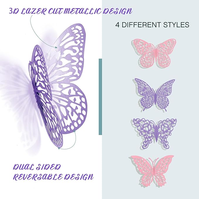 3D Gold Butterfly Wall Decor 3 Sizes 4 Styles Butterfly Party Decorations Cake Decorations Removable Stickers Wall Decor Room Mural Metallic Kids (Purple+Pink, 96Pcs)