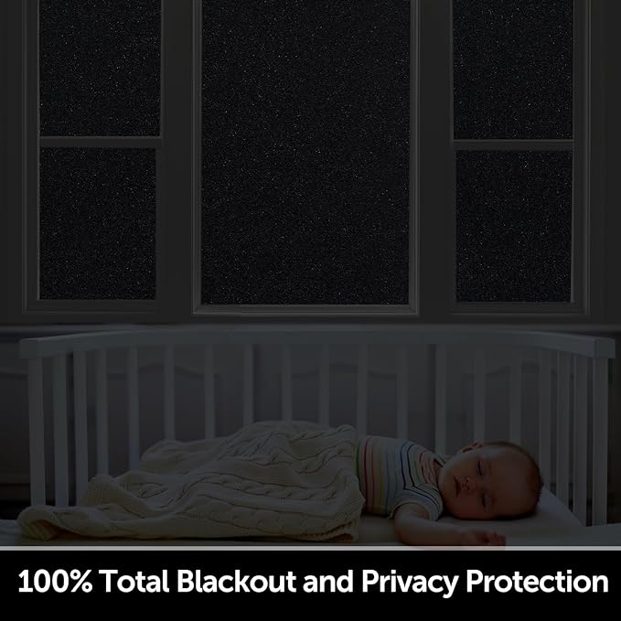 HIDBEA Blackout Window Film,100% Light Blocking Room Darkening Window Privacy Film,Frosted Glass Window Film Heat Control, Removable Window Cover Tint for Day Sleep (Black,17.5in x 6.5ft)