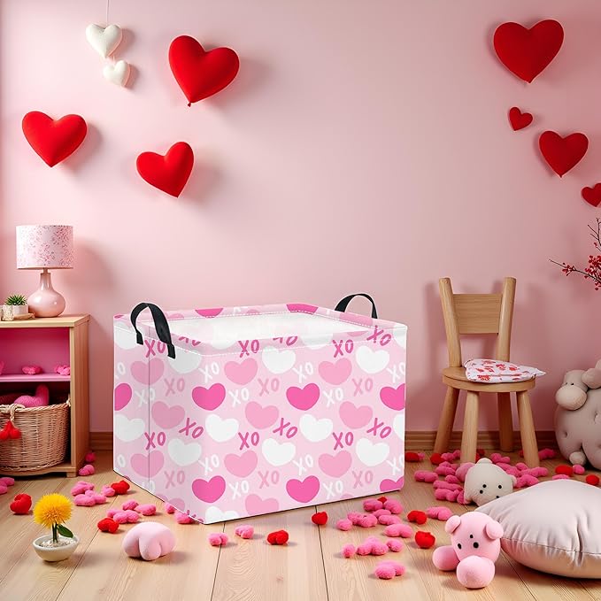 TIBAOLOVER Rectangular Valentines Basket for Home Kitchen Girls Cute Kids Storage Bin Organizer Shelf Book Room Decor(XO Heart)
