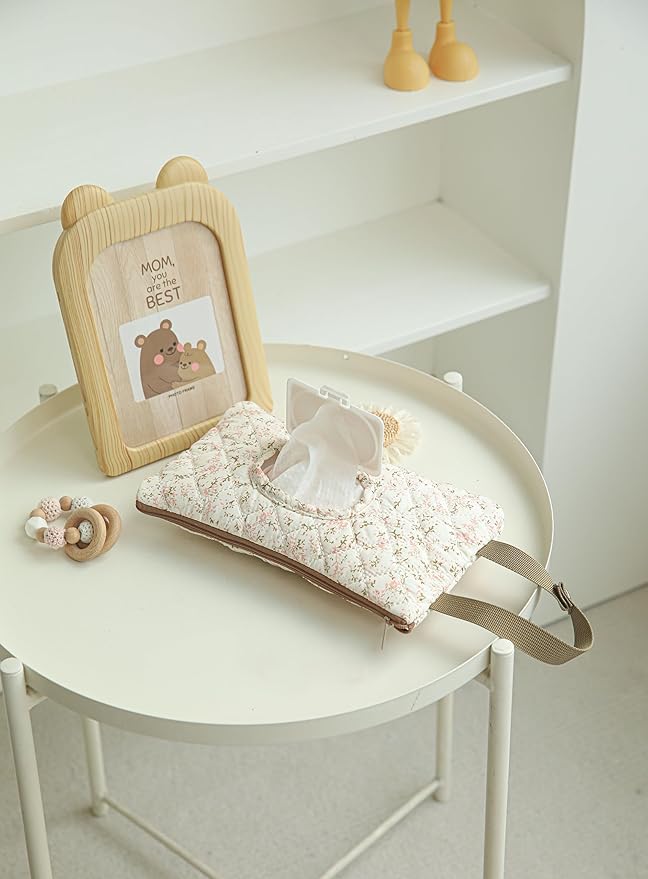 Quilted Baby Wipe Holder Quilted Wipe Pouch Portable Hanging Floral Wet Wipes Bag for Car, Stroller (Pink 3)