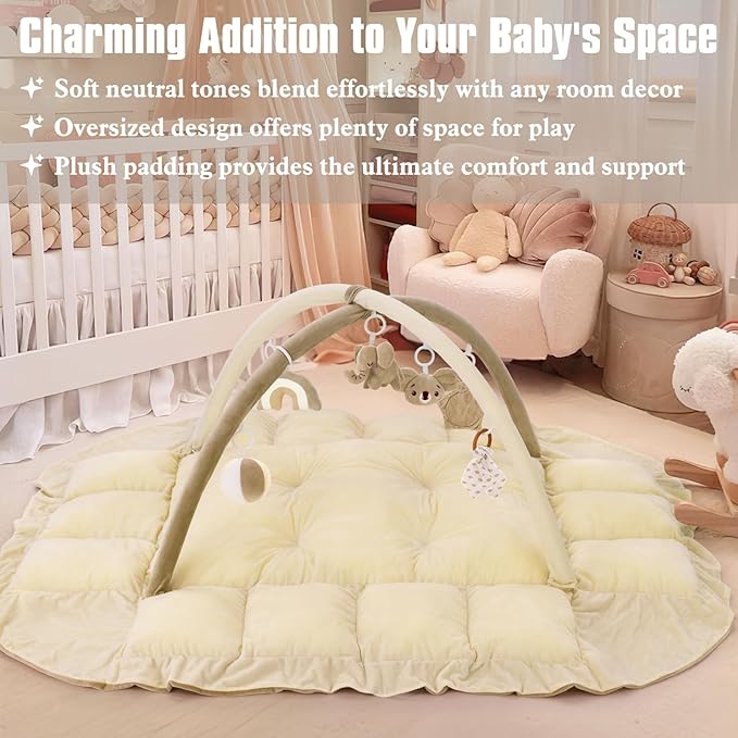 5-in-1 Plush Baby Play Gym, Baby Play Mats, Convertible Baby Gym, Tummy time mat, 6 Sensory Toys, Activity Center, Ball Pit, Cream