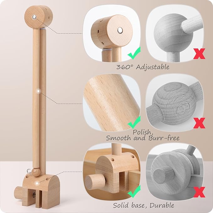 Baby Crib Mobile Arm, Nicemer Wooden Mobile Arm for Crib, Optimum Slat Thickness for Crib 0.6-1'', 3D 360° Adjustable, Height Range 16.1-24.4'', Mobile Hanger for Crib Baby Boy Girl Nursery Decor