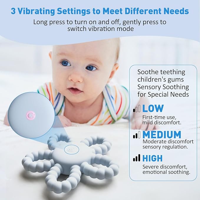 Vibrating Sensory Chew Toy, Vibrating Teether for Baby, Silicone Children Teething Toy for Babies 6-12 8-18 Month, USB Chargeable &3X Vibration Travel New Years Gift for Kid with Autism Toddler