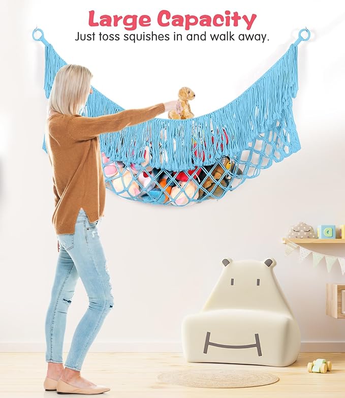 Stuffed Animal Hammock - Extra Large 56'' Long, Stuffed Animal Storage, stuffed animal Holder net, Hammock Large, Storage Hanging Organizer - Blue