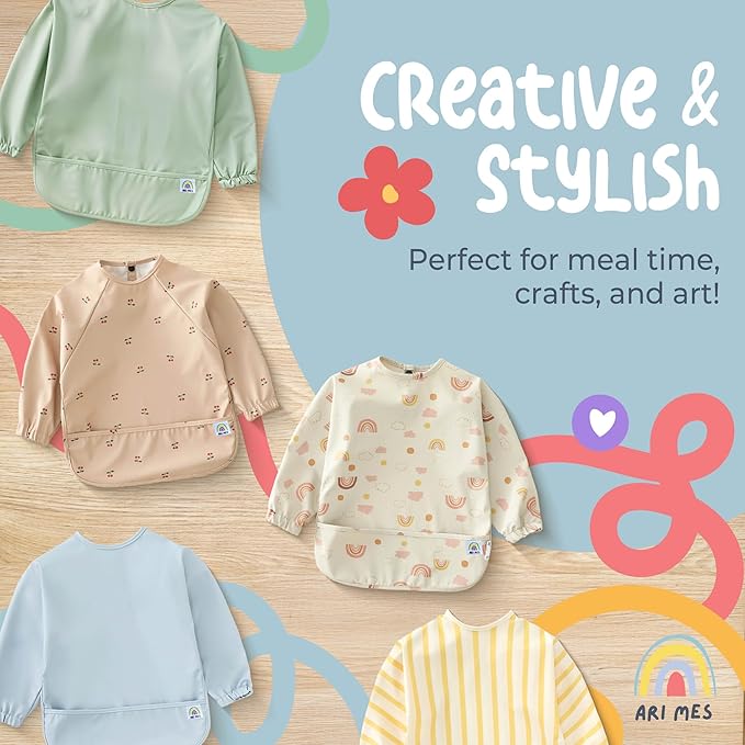 ARI MES Long Sleeves Waterproof Baby Bibs for Eating - Green Stripes, Medium- Wearable, Coverall for Toddler, Long Sleeve Bib, Smock Apron for Feeding - Applicable for 6-72 Months