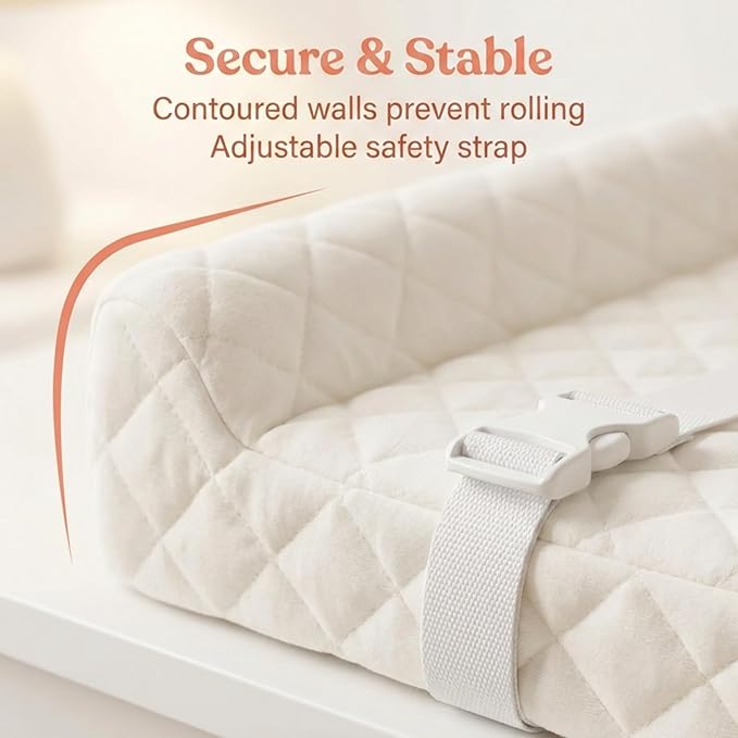 Contoured Baby Changing Pad – Waterproof & Breathable Diaper Changing Pad | Removable Washable Cover, Non-Slip Base & Safety Strap | Standard Size for Dresser & Changing Table Pads