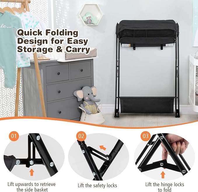Costzon Changing Table, Portable Baby Changing Table Foldable Diaper Changing Station with Safety Belt, Large Storage Rack & Shelf, Nursery Organizer for Newborn Infant (Black)