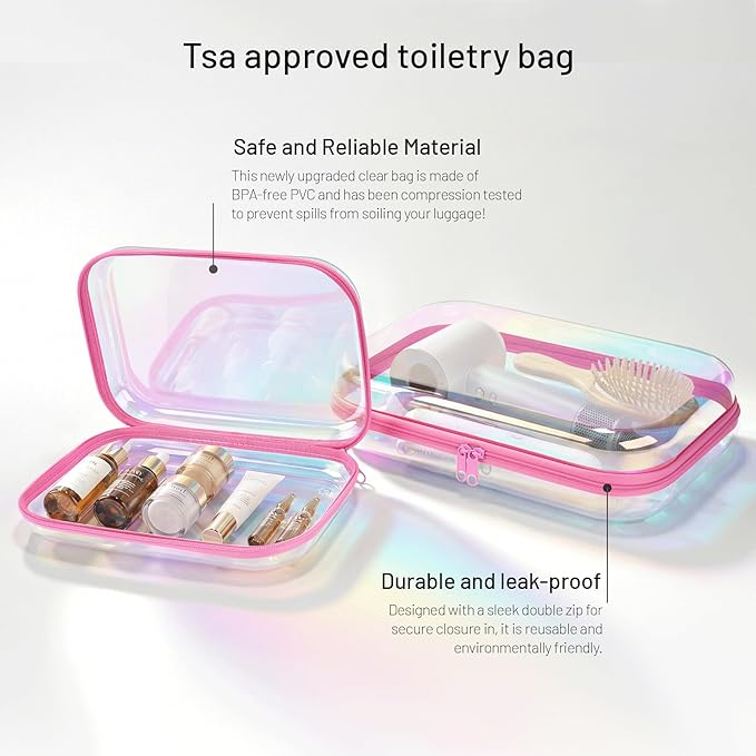 Clear Hard Shell Zipper Case,Makeup Bag,Iridescent Toiletry Bag,2pcs Large Capacity Water-resistant Toiletries Bag,Portable Travel Organizer and Storage,Bathroom Clear Cosmetic Case for Women