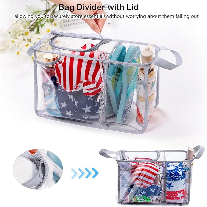 AMOIGEE Clear Beach Bag Organizer Insert with Zipper Closure Lid and 3pcs Accessories Compatible with Bogg Bag Medium- Tote Insert Bag Divider with Sunglasses Holder, Clips Hooks