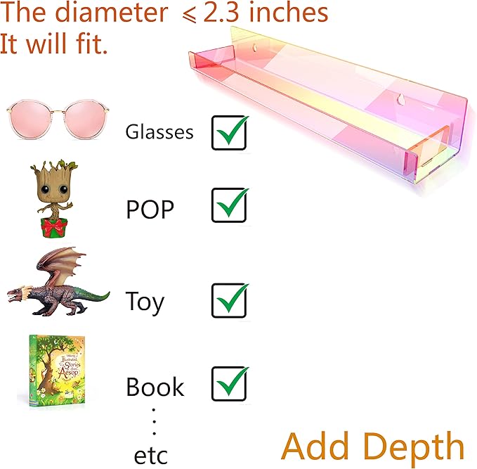 RORKIM 8 Pack 15 Inch Iridescent Acrylic Shelves, Clear Rainbow Kids Floating Bookshelf for Kids Room, Modern Sunglasses Essential Oil Picture Ledge Display Toy Storage Wall Shelf