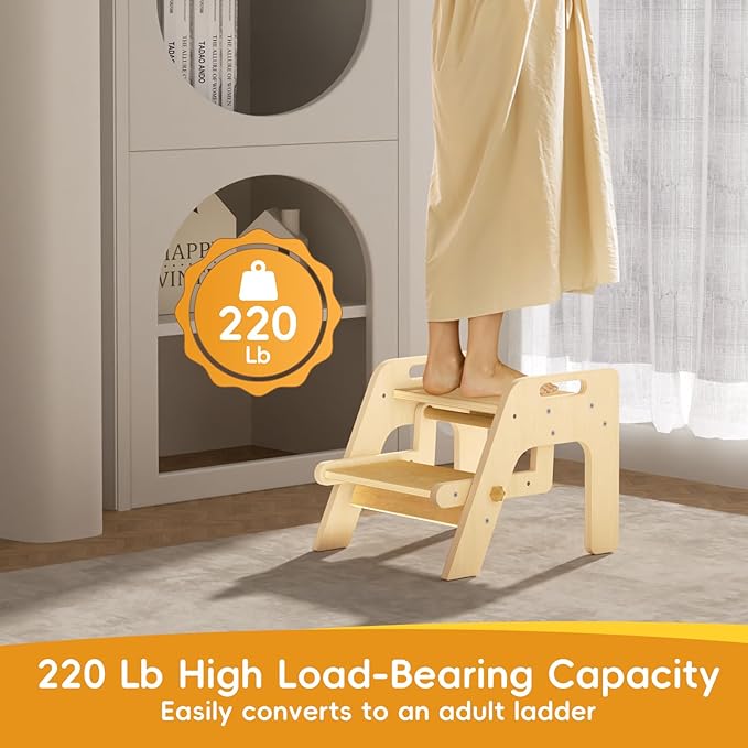 Toddler Step Stool, 2 in 1 Kids Step Stool with Safety Non-Slip Pads and Handles, Wooden Potty Training Stool, Kids Stools Toddler Stool for Bathroom Sink, Kitchen, Bedroom, Nursery, Natural