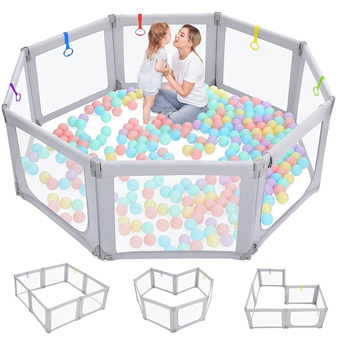 Dripex Foldable Playpen for Babies and Toddlers, 71"×69" Extra Large Baby Playpen, Indoor & Outdoor Safety Gate Collapsible Play Pen, Baby Fence Play Area with Visible Mesh, Grey