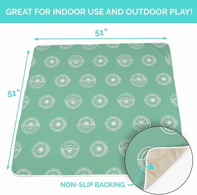 JumpOff Jo - Large Baby Splat Mat for Under High Chair, Booster Seat, Tabletop, Food Catcher - Protect Floor and Carpet from Spills & Crafts - Waterproof and Washable (Rainbow Sun)