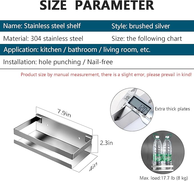 GEINIFAFA Rustproof Metal Storage Floating Shelves Wall Mounted Rectangular Shelf for Bedroom,Bathroom, Living Room, Kitchen, and Laundry Room,Nail-Free Wall-Mounted Shelves（7.9 Inch Silver）