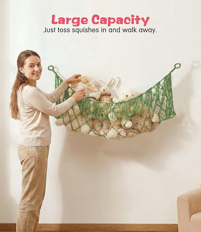 Stuffed Animal Net Hammock, Premium Cotton Hand-knitted plush hammock, Save space Eliminate Clutter Boho Stuffed Animal Storage for Nursery, Bedroom Decor - Avocado green