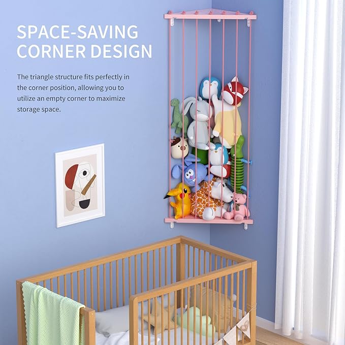 Stuffed Animal Storage Shelf Organizer(Patented) - Corner Stuffed Animal Holder Length Adjustable - Wall Plush Storage for Nursery Playroom Bedroom Kids Room (Pink+Light, Standard)