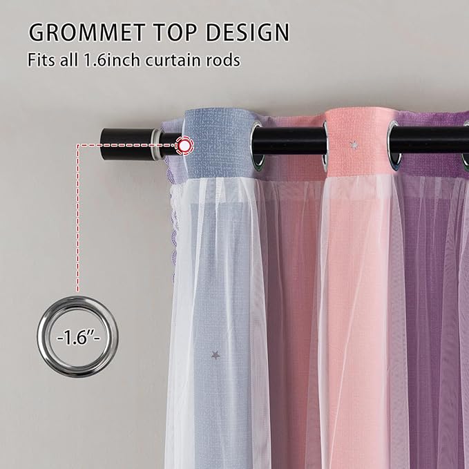 XiDi Rainbow Blackout Curtains 96 Inches Long for Girls Bedroom 2 Panels Set, Kids Pink Curtains for Room Decor Unicorn Wall Decals Drapes for Little Girl Nursery Grey/Pink/Purple 34 Inches Wide