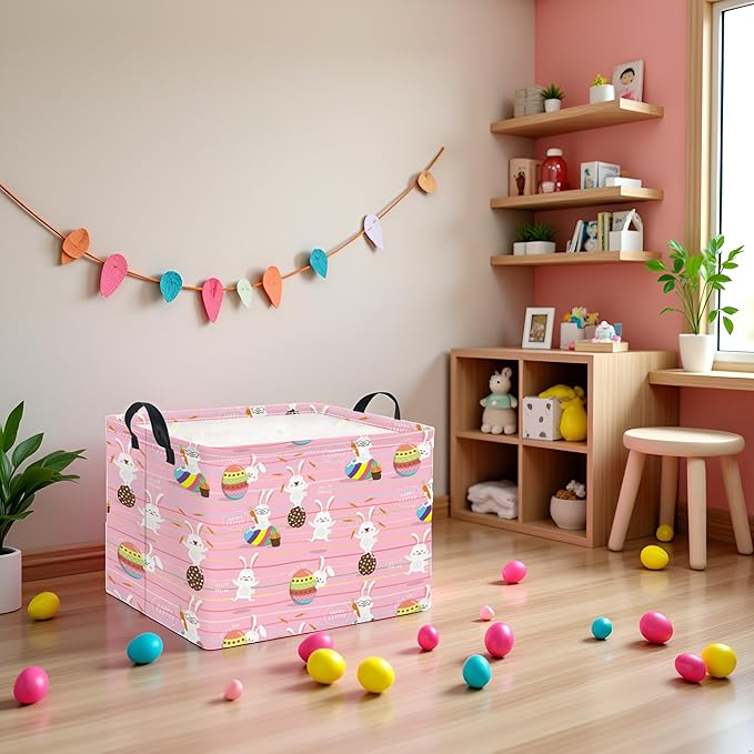 TIBAOLOVER Rectangular Easter Basket Easter Basket for Kids Baby Storage Basket Cute Toy Storage Bin Organizer Shelf Book Basket Easter Room Decor(Line Easter Egg)