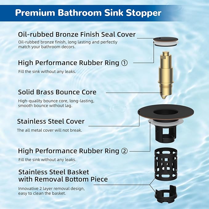 Hibbent 2 Pack 3 in 1 Bathroom Sink Drain Strainer, Pop Up Stopper with Removable Stainless Steel Filter Basket Hair Catcher, Sink Plug for 1.1''~2.36'' Basin, Brass Bullet Core, Oil Rubbed Bronze