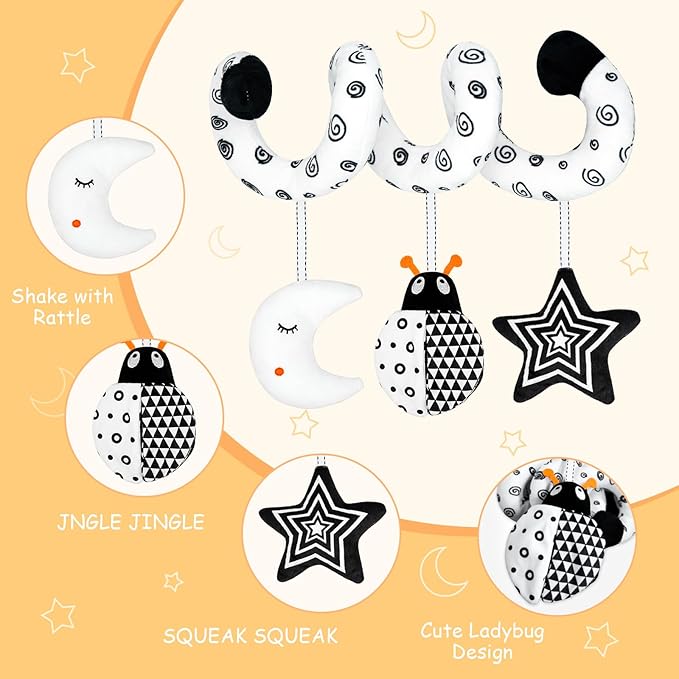 XIXILAND Car Seat Toys for Babies 0-6 Months Boys Girls, Black and White High Contrast Baby Toys 0-3 Months Carseat Toys Hanging, Stroller Newborn Infant Sensory Develpmental Toy for 0-18 Months