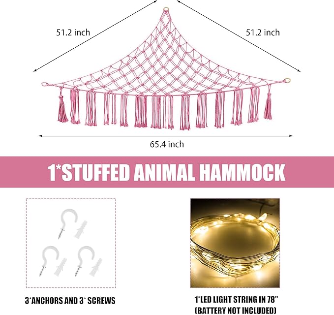 CERETIA Stuffed Animal Hammock with LED Light, Large Stuffed Animals Storage Corner Plushie Net for Kids Room Decor, Jumbo Pink