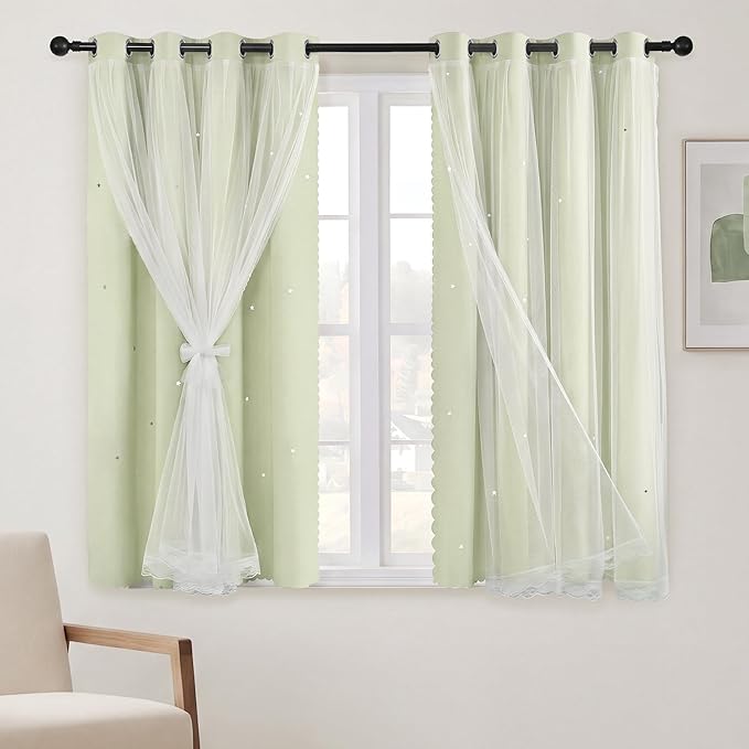 XiDi Sage Green Blackout Curtains for Girls Bedroom Living Room 63 Inch Length 2 Panels Thermal Insulated Room Darkening Grommet Window Drapes for Nursery Kids Boys Light Green W34 x L63