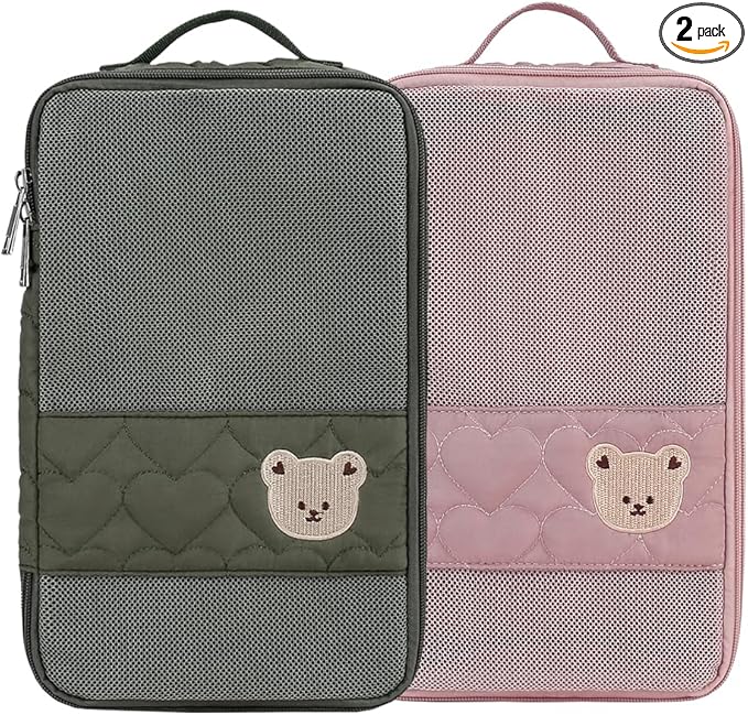 Baby Diaper Bag Organizer Pouches - 2 Pack Waterproof Pod Hanging Diaper Bag Cute Bear Mesh Bag Reusable, Washable or Baby Cloth Diapers (Green&Pink)