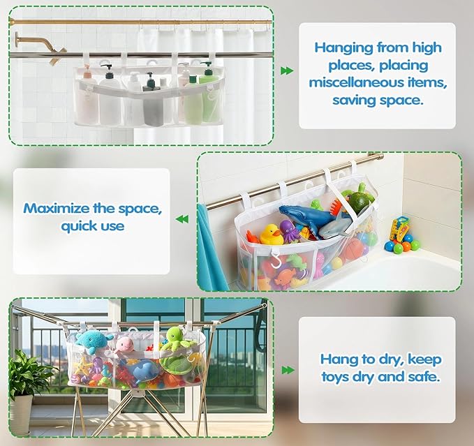 Extra Large Openings Bath Toy Organizer with 2 Compartments and Multiple Pockets, Quick-Dry Mesh Bathtub Toy Storage and Holder for Easy Access and Sorting of Toys
