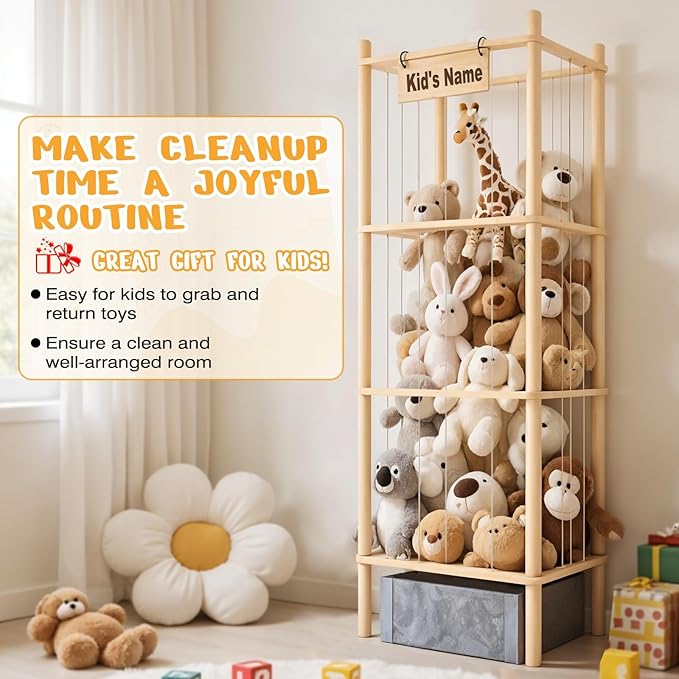 Stuffed Animal Storage with Toys Tray, 57In Large Wooden Stuffy Plushies Storage Holder Extra Large Capacity Stuffed Animals Zoo Organizer for Toddler Rooms, Playrooms & Bedrooms