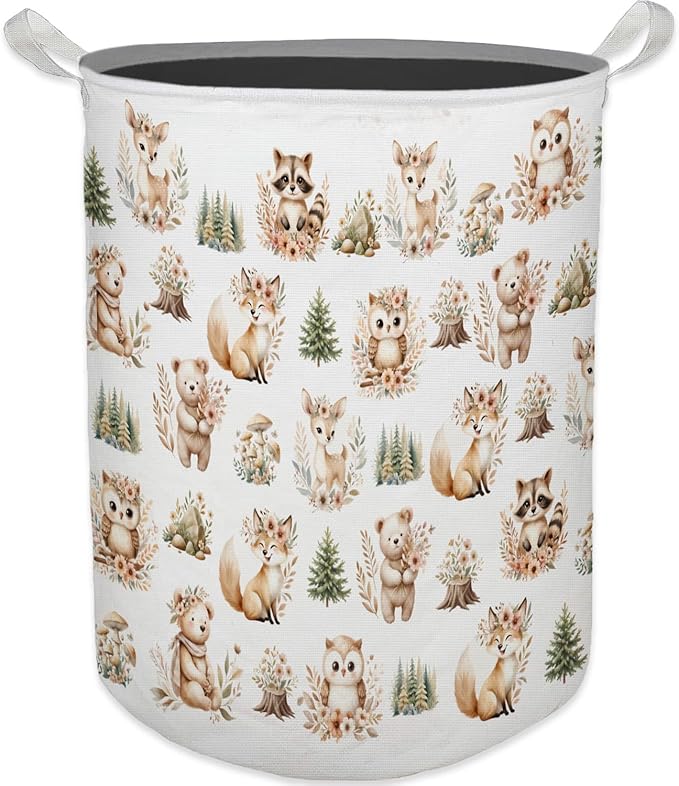 HKTZM Kids Nursery Laundry Basket, Toybox for Girls Boys, Cute Boho Woodland Animals Laundry Hamper Waterproof Collapsible Storage Bin Organizer for Bedroom Bathroom Kids Toddler Room Clothes Toys
