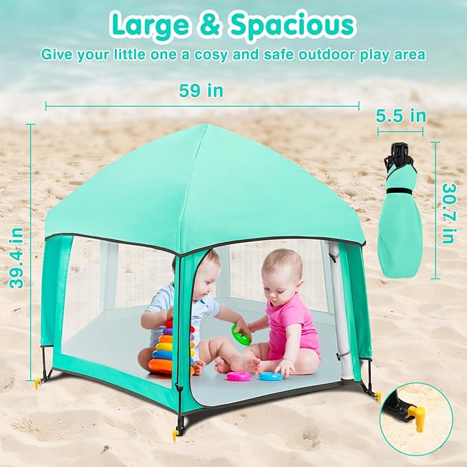 Zooawa Pop Up Playpen for Baby, Portable Play Yard for Babies and Toddlers with Removable Sun-Shades& 2 Side UV Covers, Lightweight Outdoor Baby Playpen with Travel Bag,Beach,Home, Mint Green