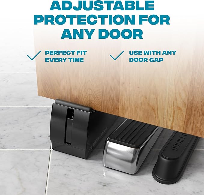 Strongest Home 2 Pack XL Adjustable Door Stopper with Spring – Heavy Duty Wedge for Oversized, Thick & Heavy Doors, Anti-Slip Rubber Grip, Commercial, Home & Outdoor Use on Carpet, Wood & Tile - Black