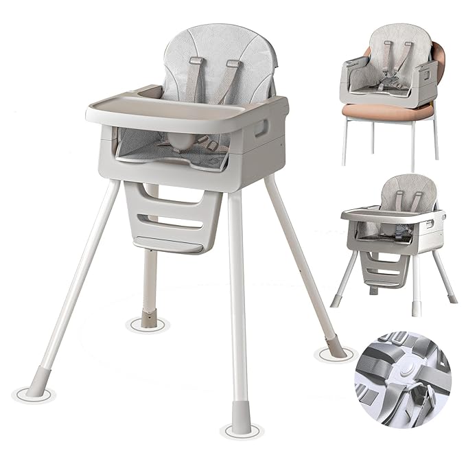 Portable 3 in 1 High Chairs for Babies and Toddlers, Convertible Baby Feeding Chair with Tray, Easy Clean Baby High Chair for Toddler with Foot Rest, Infant Highchairs & Booster Seats with Cush Grey