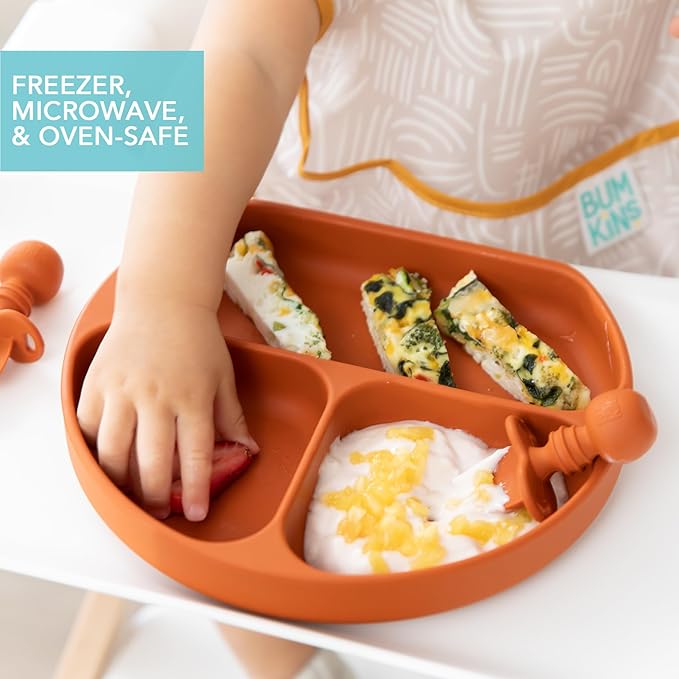 Bumkins Toddler and Baby Suction Plate, Divided Grip Dish for Babies and Kids, Baby Led Weaning, Feeding Supplies, Sticks to Tables and Highchairs, Platinum Silicone, for Children 6 Months, Clay