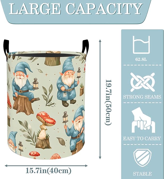 VODRM Gnome Mushroom Forest Laundry Basket, Dirty Collapsible Clothes Toy Organizer Hamper for Kids Adults, Oxford Cloth Waterproof Storage Bin for Bedroom Bathroom Home Decor Gifts, 19.7"X15.7"