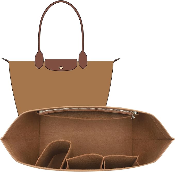 Felt Purse Organizer Insert Compatible with Longchamp Le Pliage Large and More, Zipper Bag Organizer Insert with Cup Holder for Tote Handbags, 8 Compartments (Gold Brown,L)