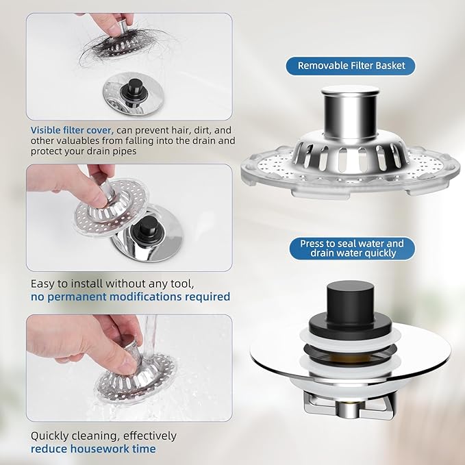 Metal 2 Pack Bathtub Drain Stopper with Top Hair Catcher, Visible Top Strainer Tub Stopper, Upgraded 3 in 1 Pop-up Drain Plug Fit for 1.5 to 2.4" Hole, Stainless Steel Filter Basket