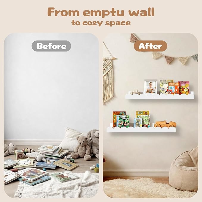 Nursery Floating Shelves for Kids Room, 4 Pack 15.7 Inch White Wall Shelves with Scalloped Edge, Kids Bookshelves for Toddler Bedroom, Playroom, Baby Nursery Decor