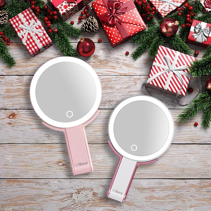 LitBear Travel Makeup Mirror with Lights, Rechargeable Double-Sided 10X/1X Magnifying Mirror, Portable Lighted Beauty Mirror, 3 Color Lighting, Dimmable Touch Screen, Tabletop Handhold Hanging (White)