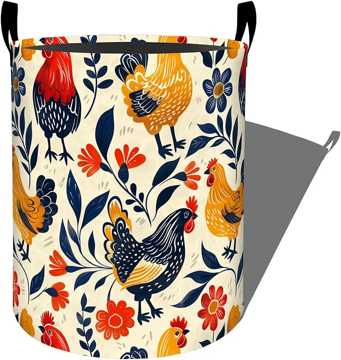 Colorful Roosters Hens Red Flowers Laundry Basket with Handles, 19.7"x15.7" Clothes Foldable Laundry Hamper Organizer for Dorm Nursery Bedroom Bathroom Decor, Toy Storage Bin for Kids