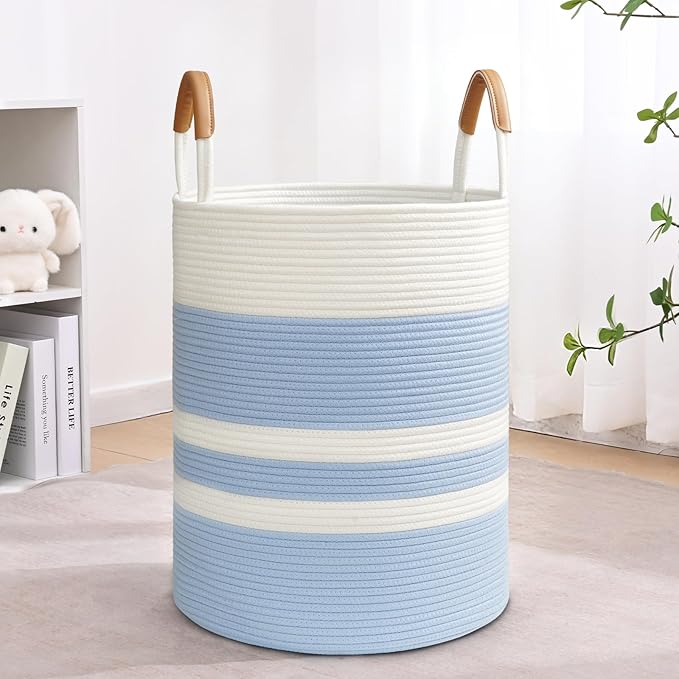 Degeyoyo 60L Striped Laundry Basket, Blue Laundry Hamper with Leather Handles, Woven Cotton Rope Storage Bin for Blankets, Nursery Hamper for Clothes, Toys In Bathroom, Livingroom, Bedroom