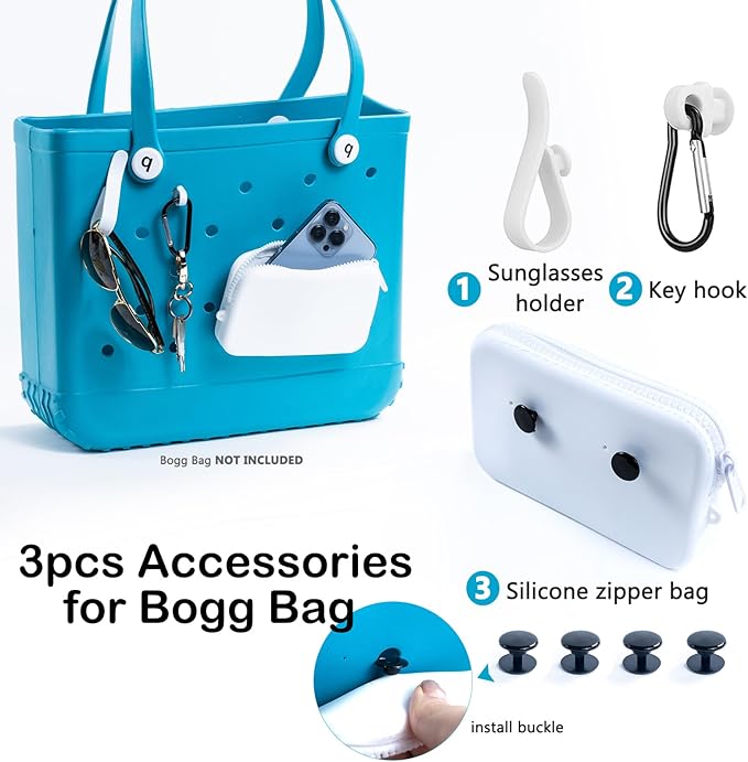 Clear Beach Bag Organizer Insert with 3pcs Accessories for Medium Bogg Bag Inserts -Beach Tote Bag Divider with Sunglasses Holder, Phone Holder and Clips Hooks - Beach Tote Insert Organizer Liner