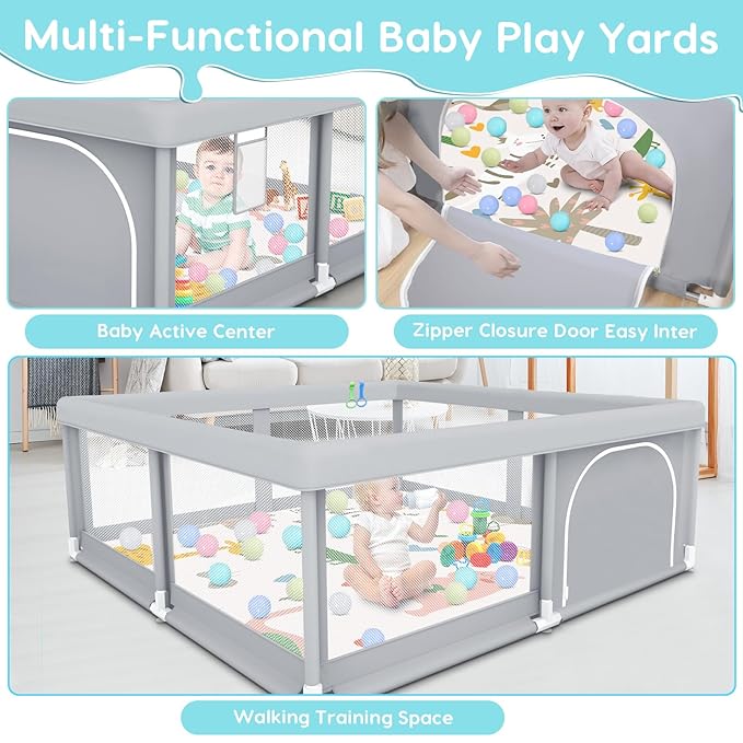 Fshibila 50" ×50" Baby Playpen with Mat, Baby Playard for Babies and Toddlers, Play Pens for Indoor & Outdoor, Sturdy Safety Play Yard with Soft Breathable Mesh, Anti-Fall, Ball x 18, Handle x 2, Grey