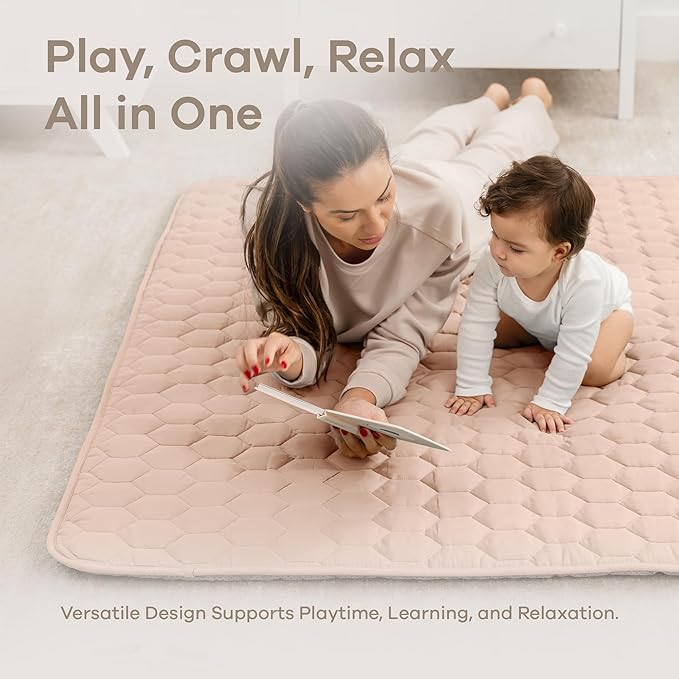 Comfy Cubs Square Kids Play Mat - 56 x 56 inches Soft Quilted Baby Floor Mat with Non-Slip Bottom - Plush Design for Toddlers' Playtime - Comfortable and Durable - Blush